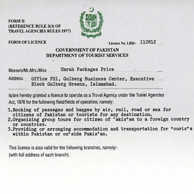 Department of Tourist Services (DTS License of Umrah Packages Price